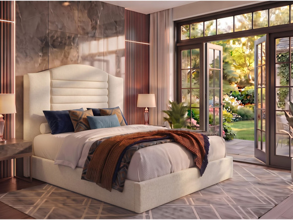 Side profile of the Haven Ottoman Storage Bed Frame in ivory cream Atlanta fabric, showcasing the elegant silhouette of its curved, three-panel headboard.