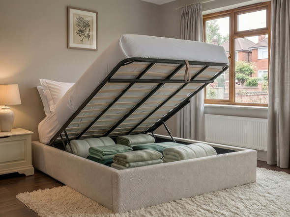 Lena ottoman bed base in ivory velvet fabric with the gas-lift lid open, showing the storage area with ample capacity for bedding and towels