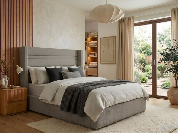 Linnea wingback ottoman storage bed frame in grey steel Atlanta fabric with a horizontal channelled headboard and low footboard, made in Birmingham UK by Hush My Bed