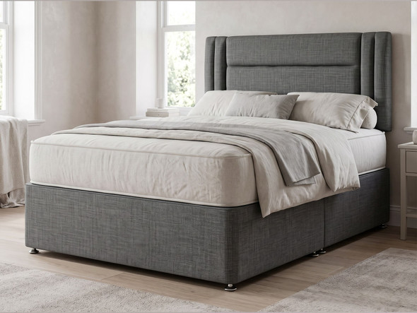 Mercer framed panel headboard in Steel Grey Atlanta fabric shown with a matching divan bed set