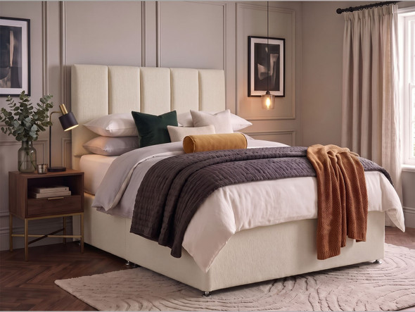 Lyra vertical panel headboard in Ivory Atlanta fabric shown with a matching divan bed set
