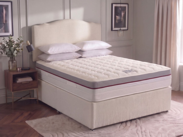 Sorielle divan bed in cream with Ashbury Crown Top headboard and 2000 pocket sprung memory foam mattress, front angle view