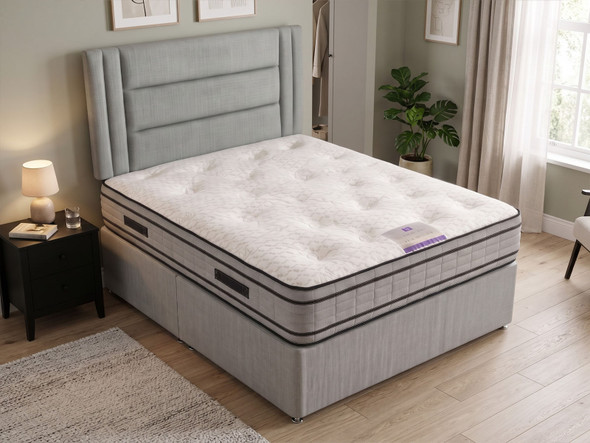 Tranquility divan set in grey with Mercer Framed Panel headboard and tufted 2000 pocket memory foam mattress, overhead view