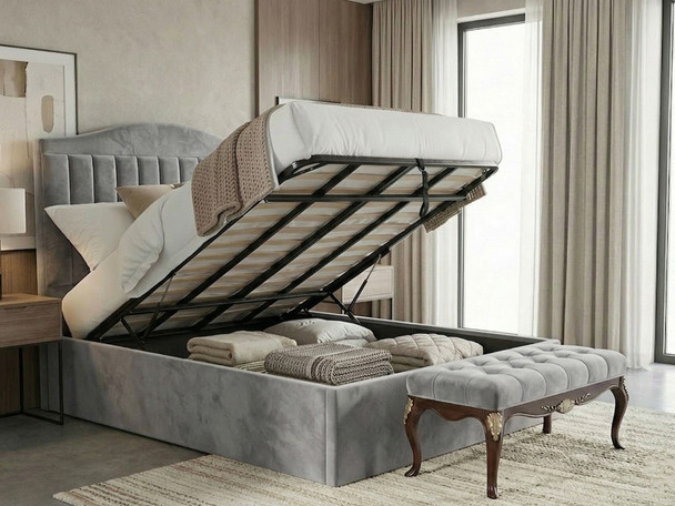 Grey fabric ottoman bed opened to show the ultra-heavy-duty steel support bars and spacious storage compartment; a durable, space-saving solution made in the UK.
