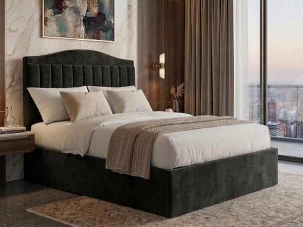 Close-up showing the rich texture of the black velvet fabric on the Rosalina Ottoman bed frame