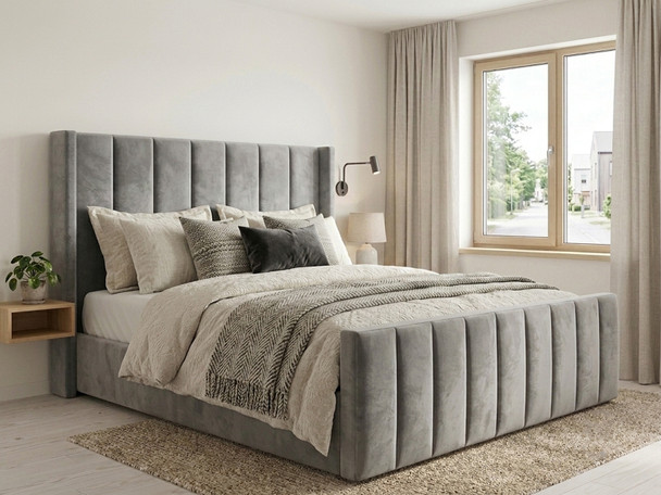 "A luxurious grey velvet bed frame featuring a tall, winged headboard with elegant fluted detailing."