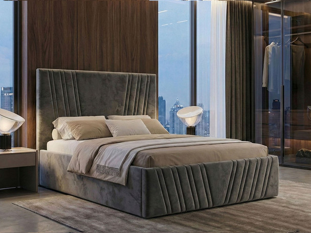 Juana grey velvet ottoman bed frame featuring extra high V-accent headboard and footboard