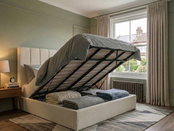 Eugenia Ottoman Storage Bed Frame in Atlanta Ivory soft fabric, lifted open to show the spacious under-bed gas-lift storage compartment and solid base boards.