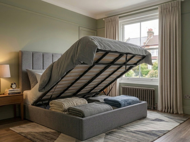Eugenia Ottoman Storage Bed Frame in Grey Linen textured fabric, lifted open to reveal the heavy-duty gas-lift mechanism and full internal storage space.