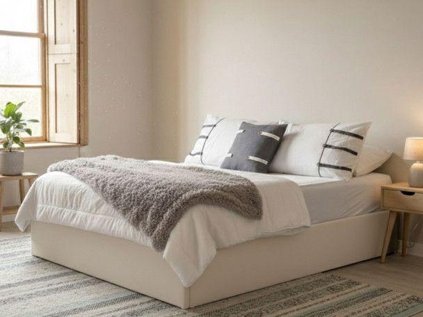 Austin Luxury Beige Fabric Ottoman Storage Bed - Custom upholstered storage bed frame by Hush My Bed Birmingham.