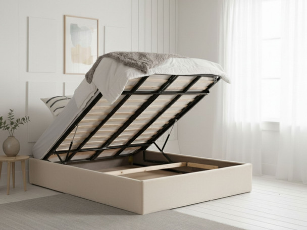 Austin Beige storage bed in open position showing the large internal ottoman storage compartment and triple-reinforced frame.