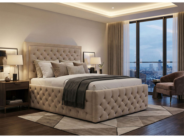 Full view of Josefa extra high headboard ottoman bed frame upholstered in luxury beige velvet with button tufted full border design