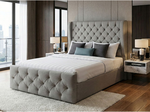 Anabel Winged Headboard Ottoman Bed Frame in Grey Linen Fabric - Full View of Luxury Upholstered Storage Bed