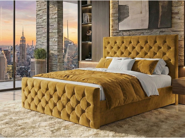 Full view of Elena Chesterfield style ottoman bed frame upholstered in luxury mustard velvet fabric.