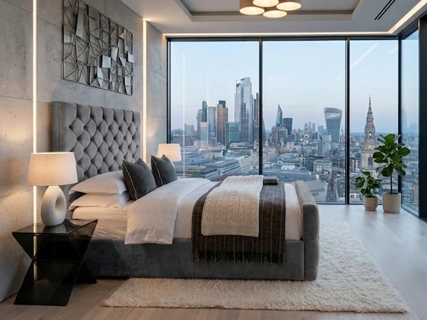 Elegant grey velvet Elena Ottoman bed frame featuring classic button tufting, showcased in a contemporary luxury penthouse apartment