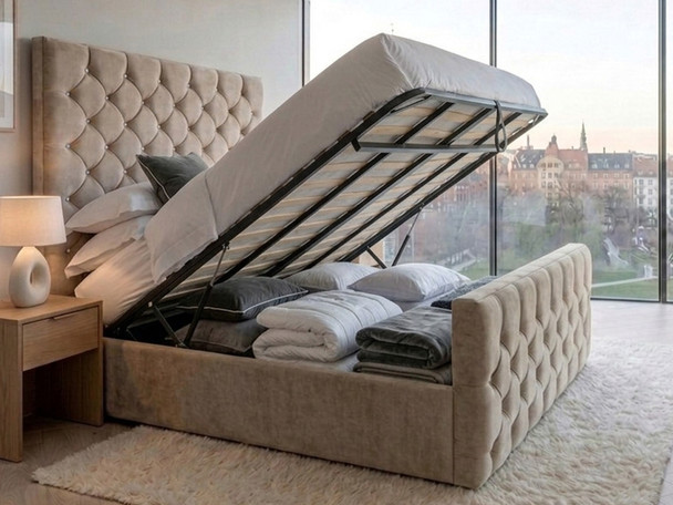 Beige velvet Elena Ottoman bed raised via the easy-grip handle, displaying the smooth lifting mechanism and large, practical internal storage compartment