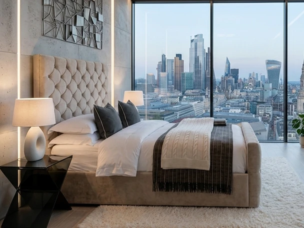 Elena Ottoman storage bed frame upholstered in premium beige velvet, beautifully styled in a modern luxury penthouse apartment bedroom setting