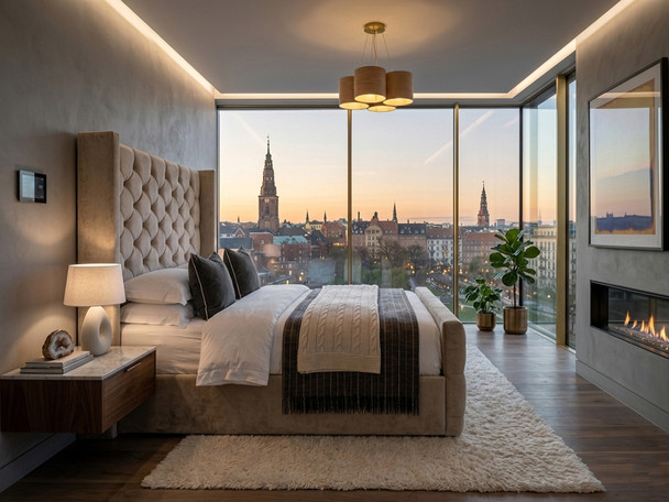 Beige velvet Reina Ottoman Storage Bed featured in a bright and luxurious penthouse apartment bedroom