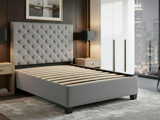 Discover the Flora Upholstered Bed Frame with diamond tufted accents. Customize headboard height and choose from various sizes and foot styles for your perfect fit.