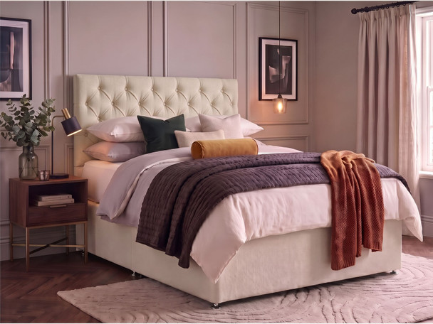 Windsor Chesterfield headboard in Ivory fabric shown with a matching divan bed set