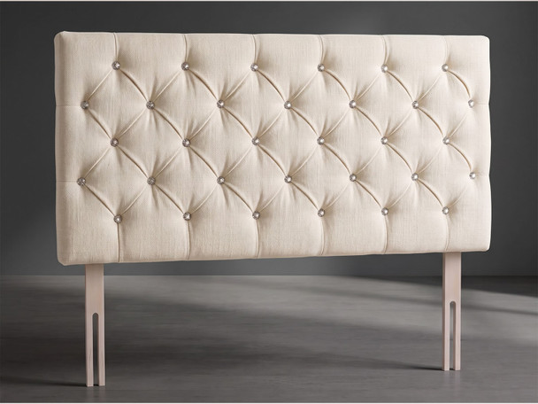 Windsor Chesterfield bed headboard in Ivory Atlanta fabric with deep diamond buttoning in diamante buttons and wooden fixing struts