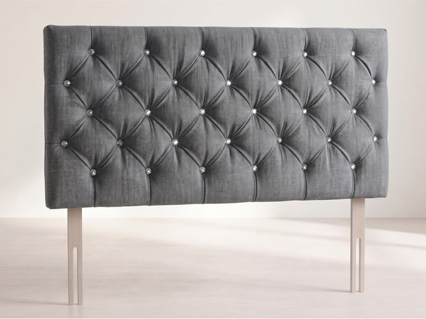 Windsor Chesterfield bed headboard in Grey velvet fabric with deep diamond buttoning in diamante buttons and wooden fixing struts