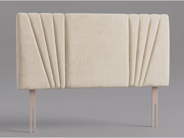 Riviera bed headboard in Ivory Atlanta fabric with a smooth centre panel between fanned side channels and wooden fixing struts