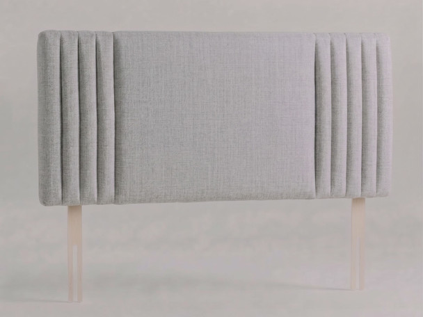 Brixton bed headboard in Silver Atlanta fabric with a smooth centre panel framed by slim vertical channels and wooden fixing struts