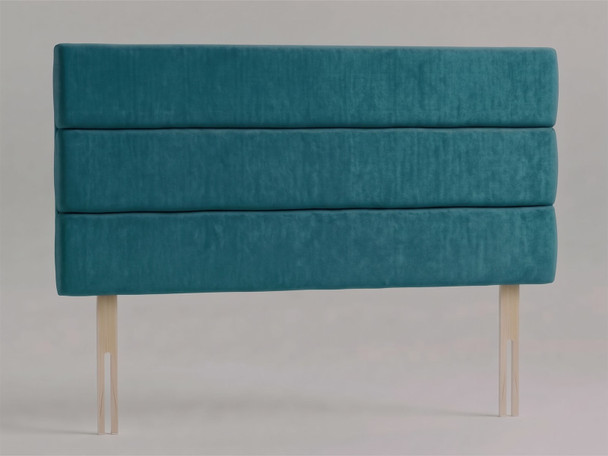 Soren strutted headboard in Teal Atlanta fabric with three wide horizontal padded panels and wooden fixing struts