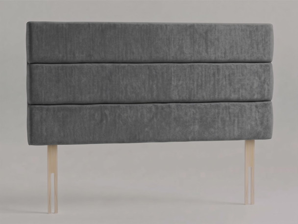 Soren strutted headboard in Steel Grey Atlanta fabric with three wide horizontal padded panels and wooden fixing struts