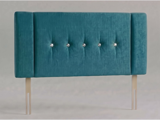 Starlight bed headboard in Teal Atlanta fabric with a row of five diamante buttons, slim side columns and wooden fixing struts