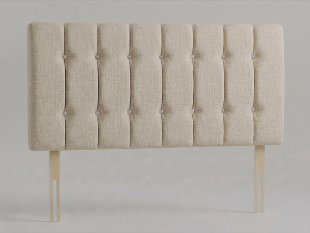 Monaco bed headboard in Beige fabric with vertical fluted channels, two rows of diamante buttons and wooden fixing struts