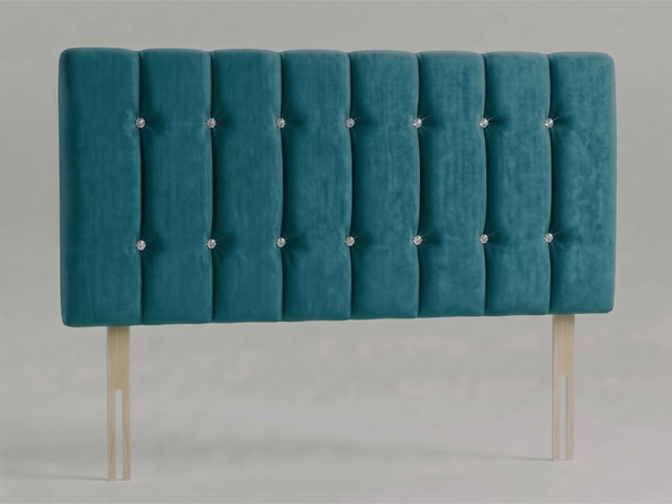 Monaco bed headboard in Teal Atlanta fabric with vertical fluted channels, two rows of diamante buttons and wooden fixing struts