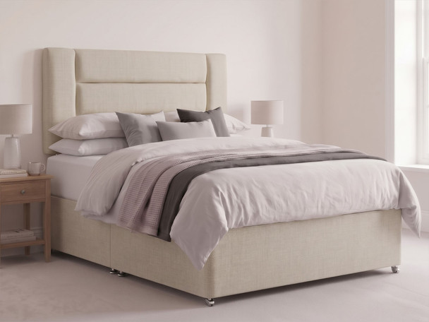 Strata bed headboard in Beige fabric shown with a matching divan bed set