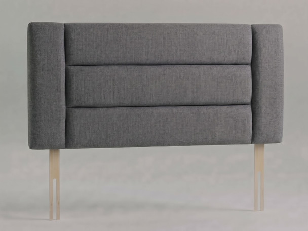 Strata bed headboard in Steel Grey Atlanta fabric with three horizontal padded panels, vertical side columns and wooden fixing struts