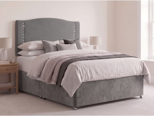 Celeste diamante studded headboard in Grey Velvet fabric shown with a matching divan bed set