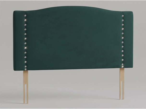 Celeste diamante studded headboard in Green Smooth Velvet fabric with contemporary arched top and vertical crystal tufting