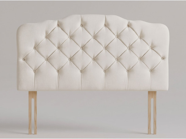 Cascade bed headboard in White Ivory Atlanta fabric with camelback curve and deep buttoned diamond tufting