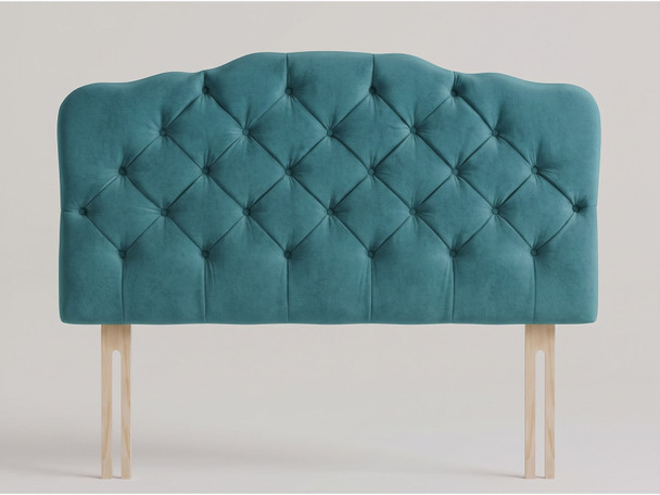 Cascade bed headboard in Teal Atlanta fabric with camelback curve and deep buttoned diamond tufting