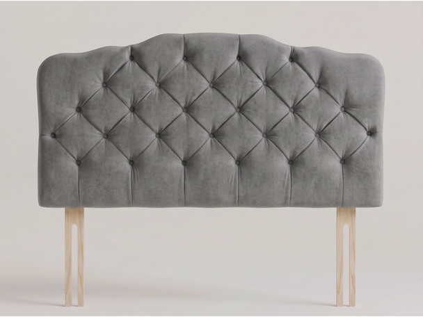 Cascade bed headboard in Steel Grey Atlanta fabric with camelback curve and deep buttoned diamond tufting