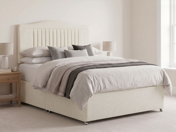 Belgrave arched headboard in White Ivory Atlanta fabric shown with a matching divan bed set