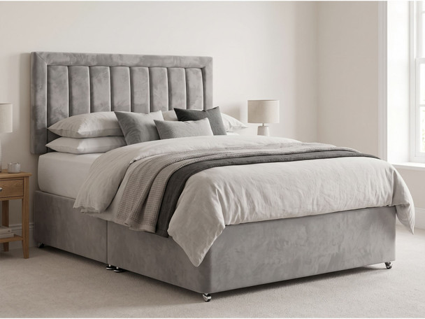 Mirielle fluted headboard in Steel Grey Atlanta fabric shown with a matching divan bed set