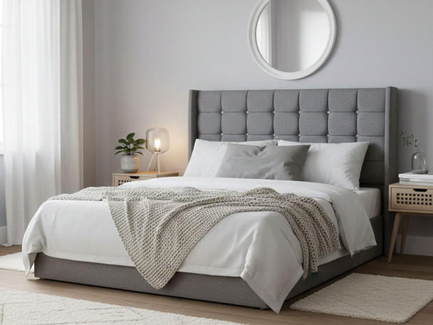Upgrade your bedroom with the stunning Georgia Floor Standing Headboard. Available in various sizes and fabrics, it combines elegance and comfort effortlessly.