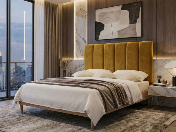 Cassia Wall Mount Headboard Panel with vertical fluted design, upholstered in luxurious fabric, adds elegance to modern bedrooms.