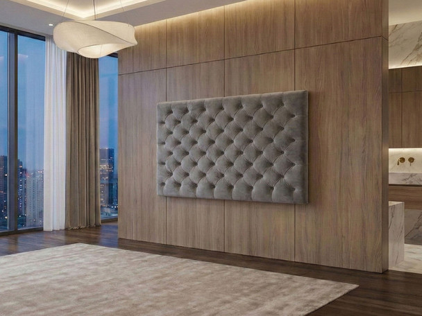 Stylish wall-mounted headboard with diamond tufting, customizable height options, and choice of diamante or matching fabric buttons.