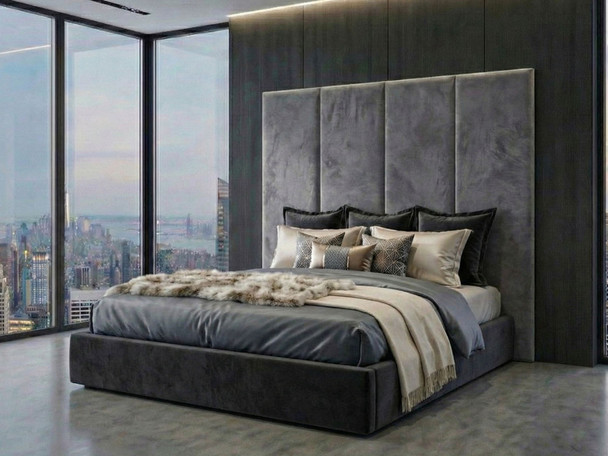 Grey fabric wall panel headboards framing a custom made upholstered bed base
