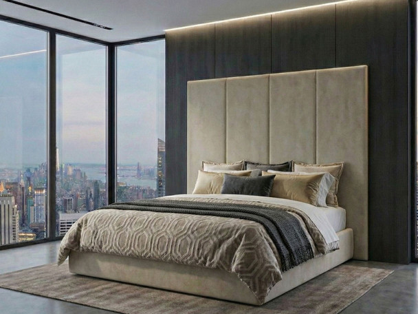 Cream velvet fabric headboard panelling paired with a matching heavy-duty ottoman bed base