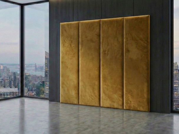Vibrant mustard velvet fabric headboard panels for a bespoke bedroom design
