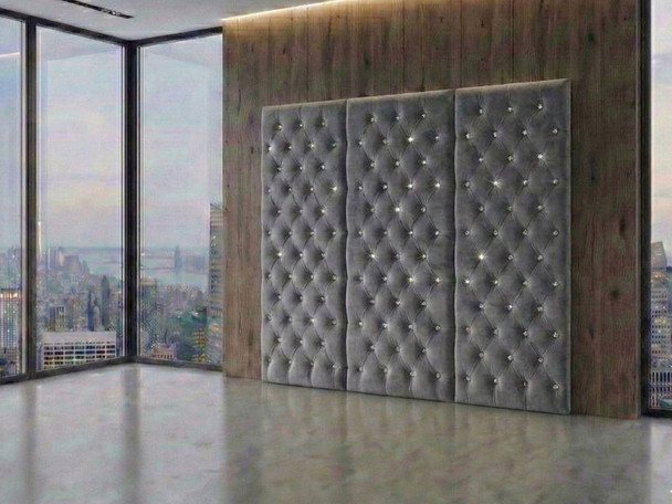 Luxury diamond tufted wall-mounted headboard panels in grey, enhancing bedroom style and comfort with bespoke design options.
