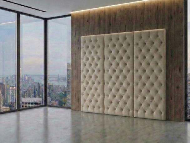 Elegant diamond tufted headboard panels mounted on a wall, showcasing a luxurious design for a stylish bedroom upgrade.